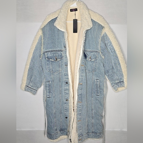 Nichole Lynel Jackets & Blazers - Nichole Lynel Size Small Long Sherpa Lined Denim Coat w/ Teddy Trim Jacket